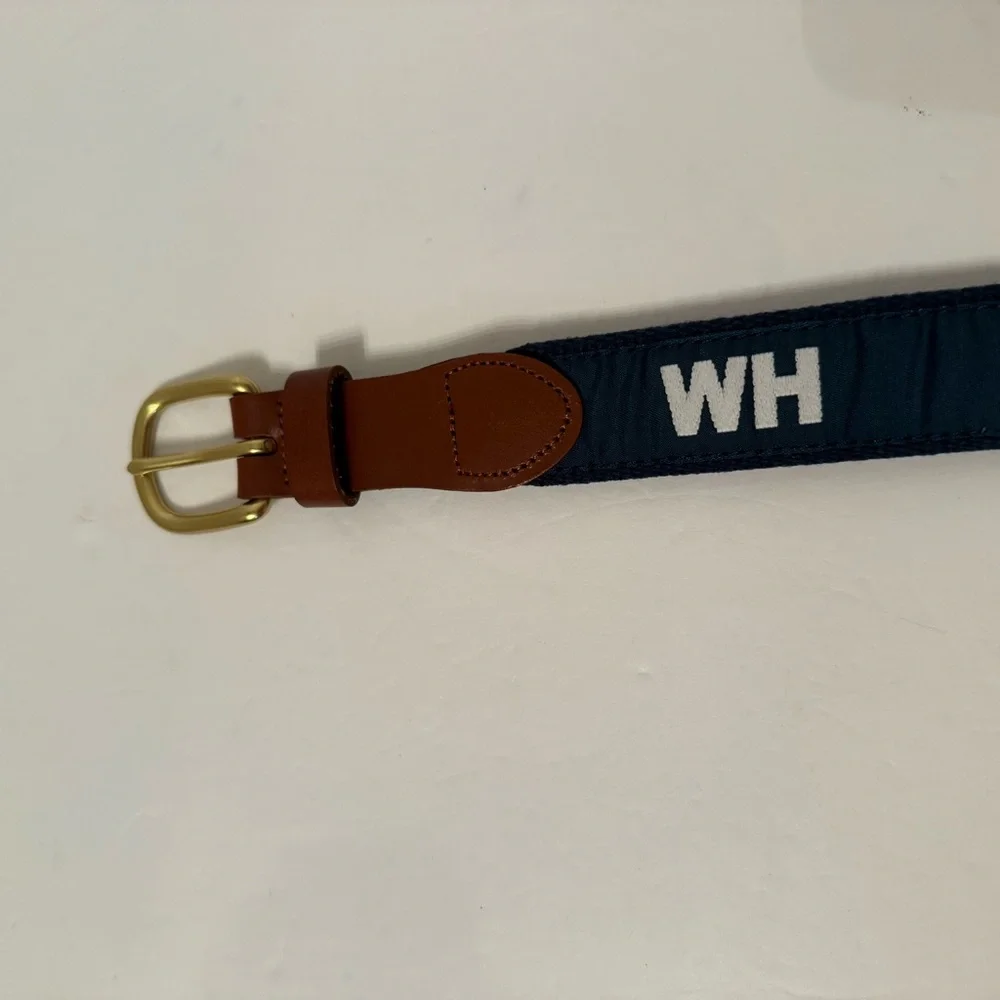 LEATHER MAN MENS BELT NAVY WHITE WH WATCH HILL RI NAUTICAL USA SIZE 30